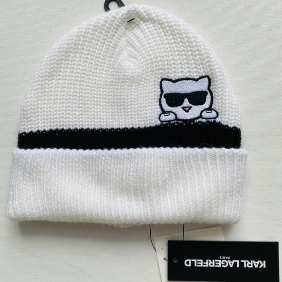 KARL LAGERFELD White Ivy Choupette Varsity Stripe Knit Beanie - Picture 2 of 4